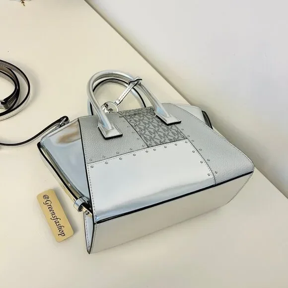 Michael Kors Purse Avril Small Leather Satchel Crossbody Bag Silver